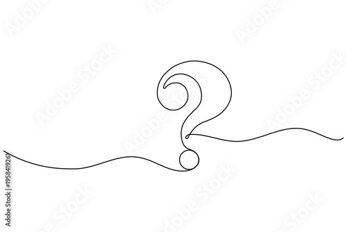 A minimalist continuous one line drawing of a question mark symbol representing curiosity, doubt, and faq concepts on a clean white background.