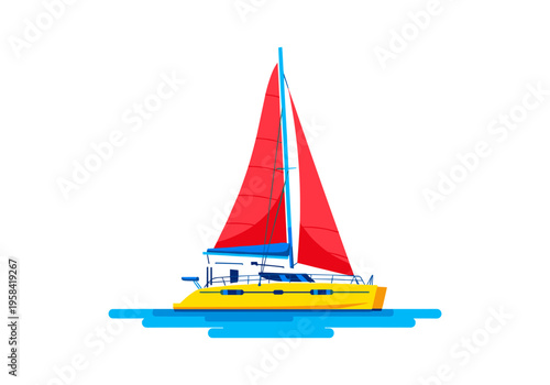 Modern yellow sailboat with vibrant red sails gliding on blue water