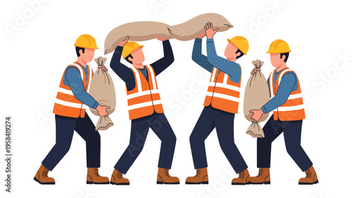 Hardworking construction workers: An illustration shows construction workers diligently carrying heavy bags. The scene is a tribute to hard work and collaboration. 
