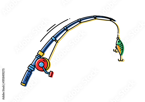 Fishing rod with lure and hooks ready for catching fish on white background