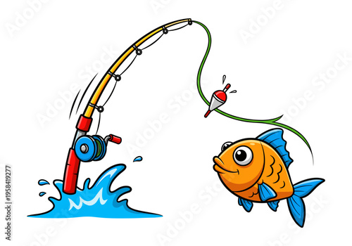 Cartoon fishing rod and happy fish about to be caught