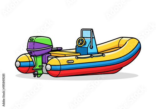 Colorful inflatable boat with outboard motor and steering wheel illustration