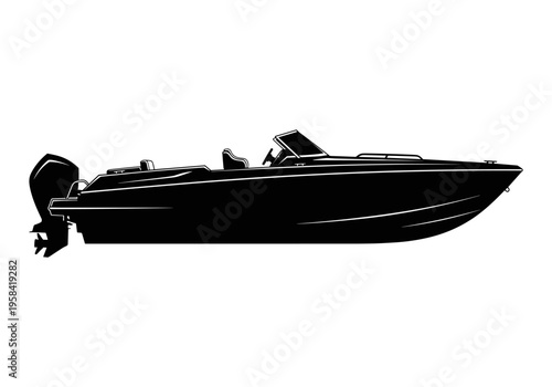 Sleek black speedboat silhouette with outboard motor for water sports
