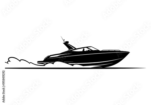 Sleek motor yacht speeding across the water leaving a wake behind