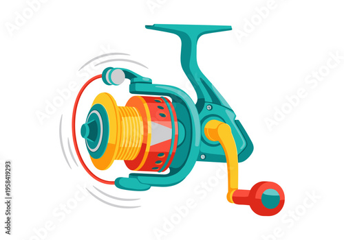 Colorful spinning fishing reel with yellow line and red accents on white background