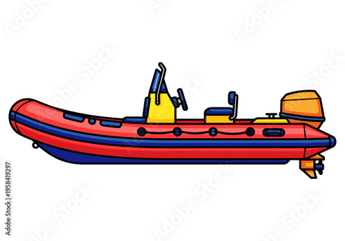 Red and blue inflatable rigid-hulled boat with outboard motor and yellow console