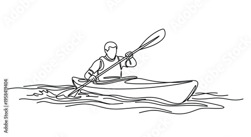 Person kayaking water sports one line drawing with line art