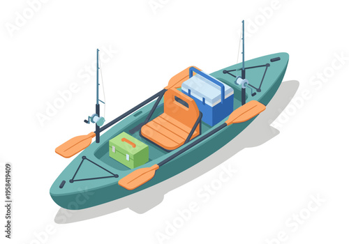 Fishing kayak with gear, including rods, tackle box, and cooler