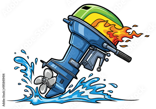 Speedy outboard motor with flames and water splashes, cartoon style
