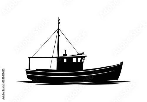 Silhouette of a classic fishing trawler boat on the water