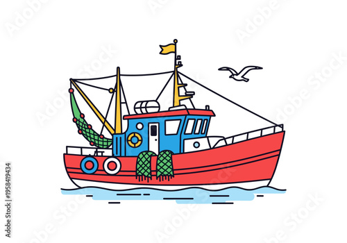 Red fishing trawler boat with nets and a seagull flying overhead