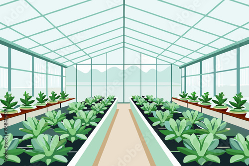 Картината върху платно A vibrant greenhouse interior showcases rows of healthy flourishing plants