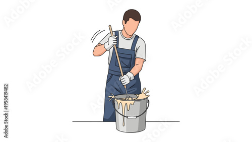 Mixing Paint: A skilled craftsman expertly stirs paint in a bucket, showcasing precision and care in the process of a renovation.
