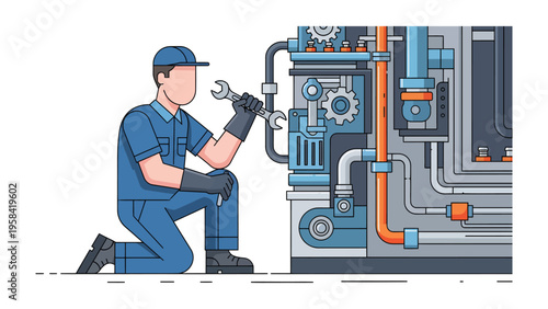 Maintenance Professional: A skilled maintenance professional, clad in blue work attire, meticulously inspects and services intricate industrial machinery, exemplifying dedication and expertise. 