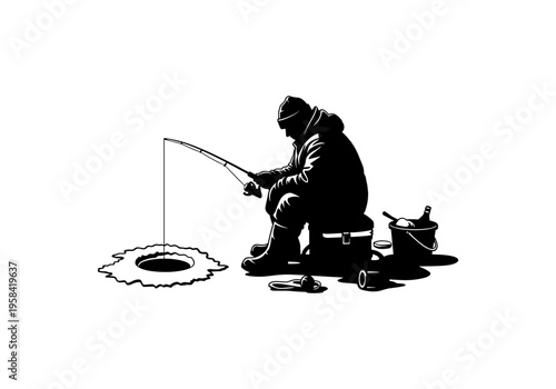 Silhouette of a man ice fishing on a frozen lake with fishing rod and bucket
