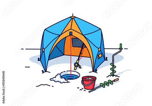 Ice fishing tent setup with auger and bucket on frozen water