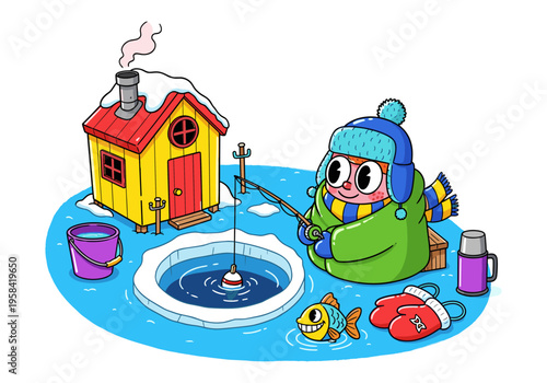 Cute cartoon character ice fishing with a small yellow house and a happy fish