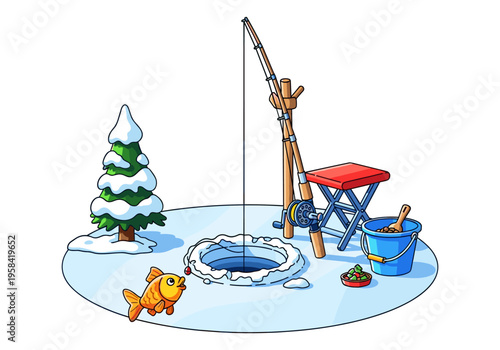 Cartoon ice fishing scene with a fish, fishing rod, and snow-covered tree