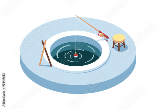 Ice fishing scene with rod, bait, and stool on frozen water surface
