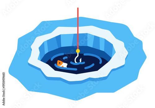 Ice fishing with a single fish and hook in a hole in the frozen water