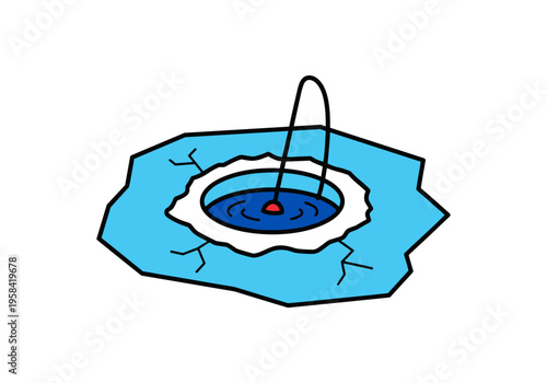 Ice fishing hole with lure in dark blue water and cracked ice surface