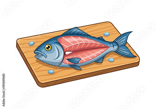 Freshly prepared raw fish on a wooden cutting board with water droplets