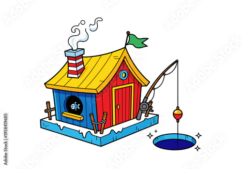 Cozy ice fishing hut with smoking chimney and fishing rod ready for action