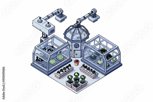 Futuristic hydroponic farm with robotic arms and glass structures