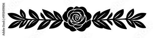 centered rose with symmetrical leafy branches forming clean decorative floral divider silhouette elegant botanical design