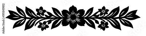 central blossom with surrounding small flowers and leafy branches forming elegant symmetrical floral divider silhouette botanical ornament