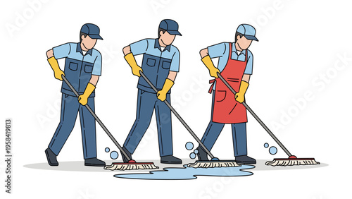 Cleaning Team in Action: A team of cleaners meticulously mops a wet floor, working in unison to ensure a spotless result. Depicting a scene of diligent work and shared purpose.