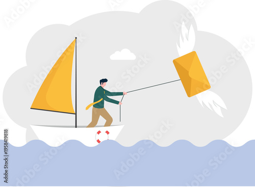 Businessman on a sailboat pulling a flying envelope with wings representing fast communication