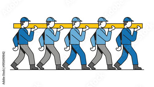 Teamwork and Labor: A group of diligent laborers in hard hats collaborate to carry a long, heavy beam, emphasizing the strength of unity and the power of combined effort.