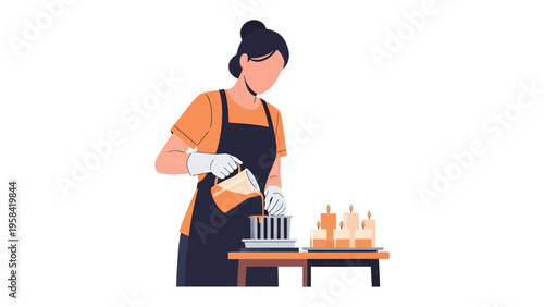 Crafting Candles: A candle artisan meticulously pours wax into a mold, her focus and skill evident as she creates fragrant candles. The image evokes creativity, patience.