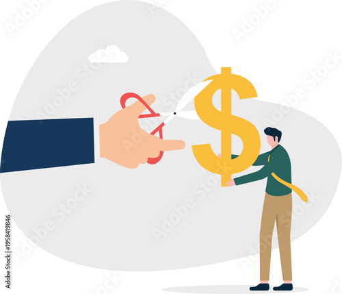 Businessman defending his gold coin from being cut by giant scissors representing profit protection