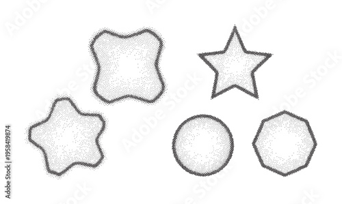 Five abstract stippled shapes including stars circle and polygon pattern