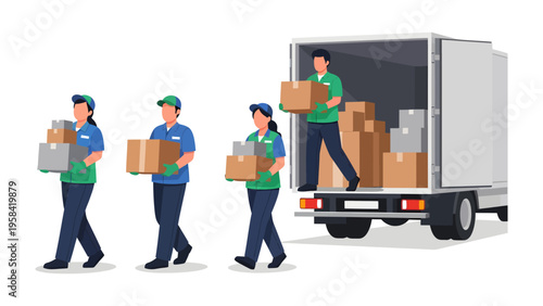 Moving Crew at Work: A diligent team of movers efficiently loads a truck with boxes, showcasing the essential steps in a moving process.