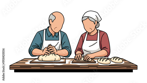 Handcrafted Harmony: A senior couple kneads dough and crafts artisanal loaves, celebrating the simple joy of breadmaking.