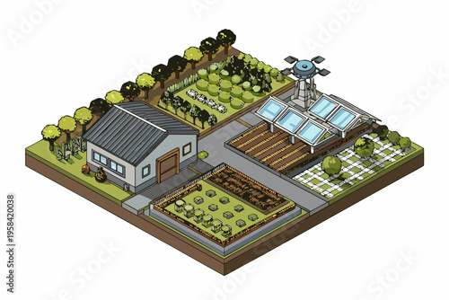 Isometric illustration of a futuristic farm with buildings and crops
