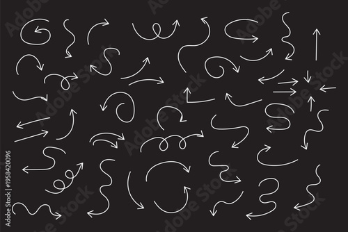 Hand Drawn Curved Arrow Set – Doodle Directional Arrows Collection on Black Background