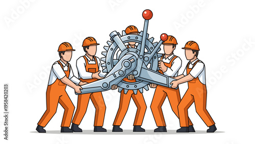 Collaborative Engineering: A team of skilled workers, clad in orange overalls and hard hats, meticulously maneuver a complex gear mechanism, demonstrating teamwork and precision.