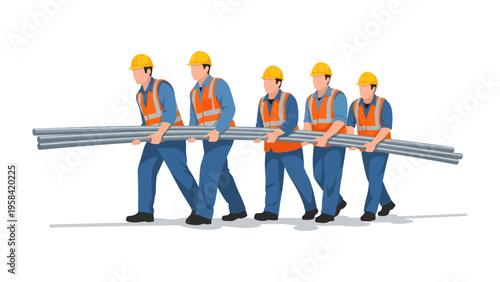 Construction Teamwork: A group of construction workers in uniform, working together to carry long metal bars, embodying the spirit of collaboration, teamwork and hard work in the building industry.