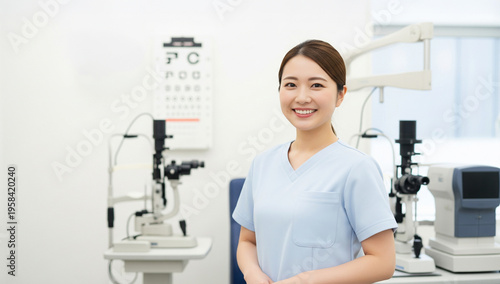 眼科クリニックの検査室に立つ女性医療スタッフ