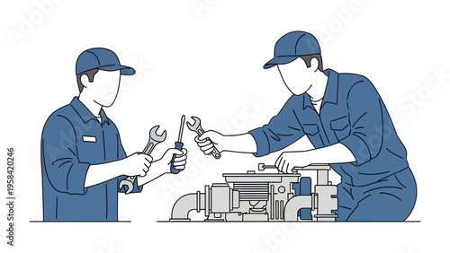 Maintenance Precision: Two mechanics, diligently at work, collaborate on a machine, their focused efforts revealing a narrative of skill and the essence of Industry. 