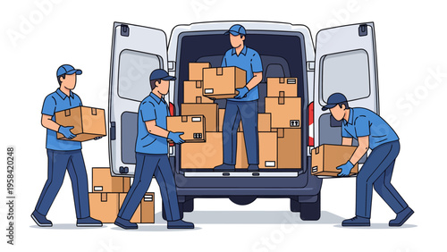 Moving Day: Movers meticulously load a delivery van with cardboard boxes, symbolizing logistics, transport, and the efficiency of a moving company.