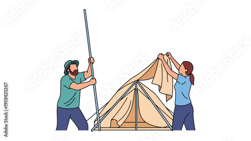 Tent Erection Partnership: A duo collaborates to assemble a camping tent, emphasizing teamwork, preparation, and outdoor adventure.