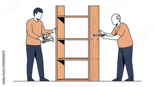 Crafting a Bookshelf: Two individuals collaborate in the assembly of a wooden bookshelf, with one using a nail gun and the other fastening screws, symbolizing teamwork and home improvement. 