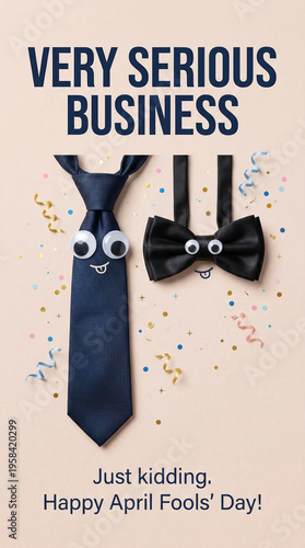 Two neckties styled as playful characters with googly eyes greeting card design for april fools' day funny business poster and background