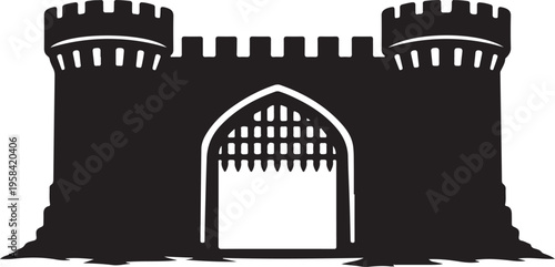 Black Castle Gate with Towers on White Background