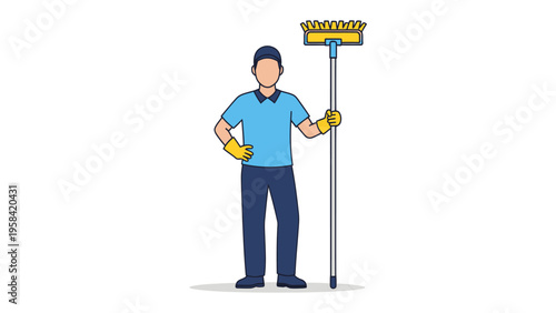 Cleaning Professional with Equipment: A determined janitor stands confidently, holding essential cleaning tools, ready to transform a space into a spotless, welcoming environment.